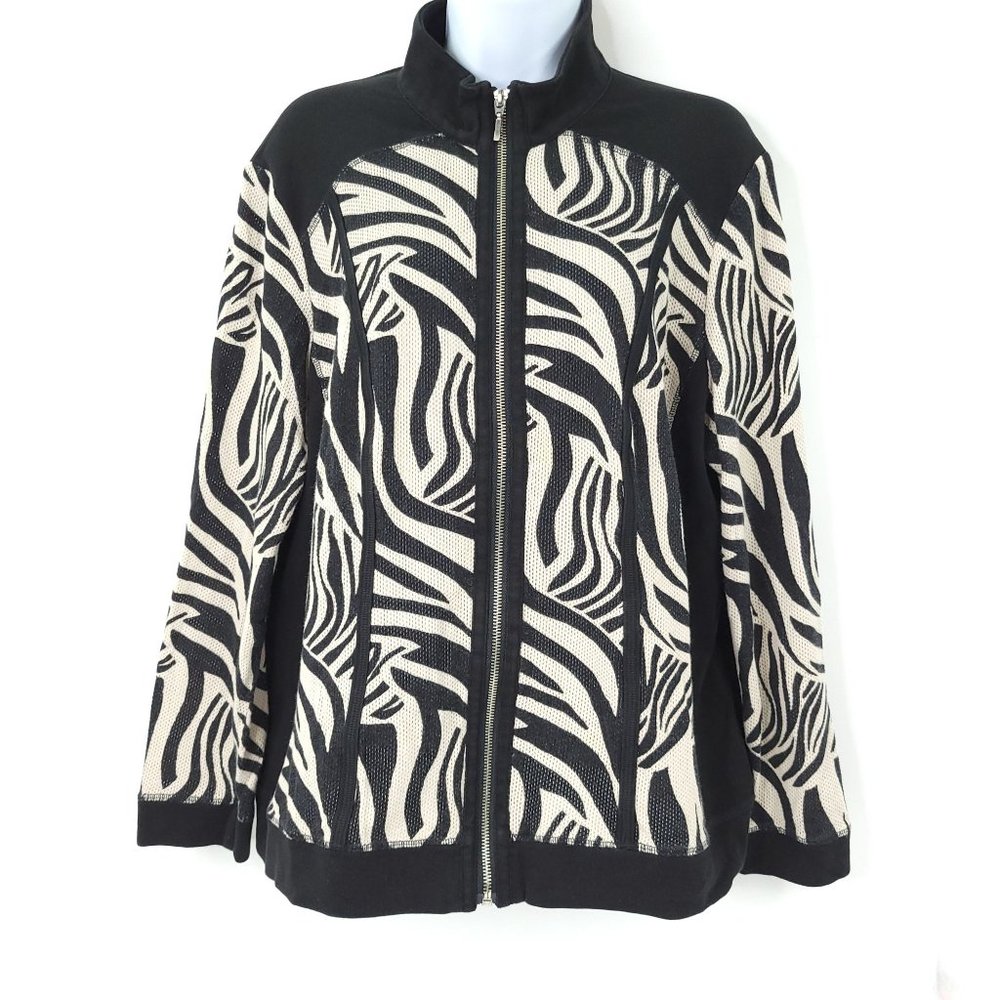 Chicos Zenergy Womens Full Zip Jacket Animal Zebra Print Mesh Size L Black White